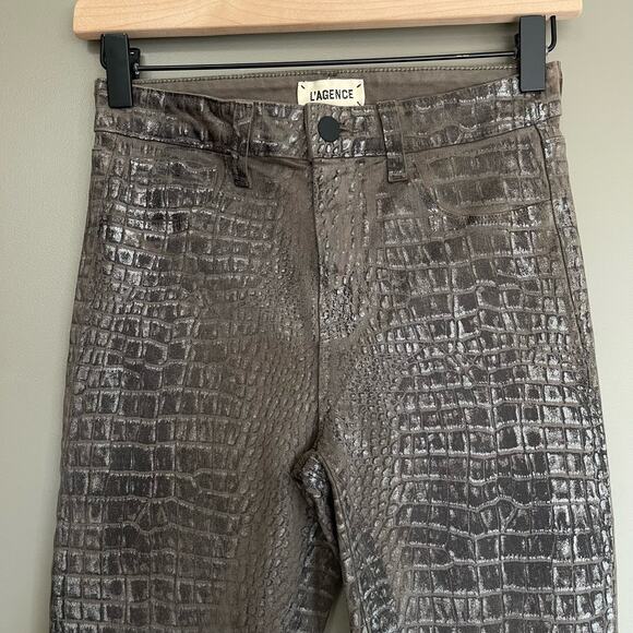 L'AGENCE Margot‎ High Rise Skinny Jeans In Chestnut Black Croc Foil Size 26 - Picture 4 of 16